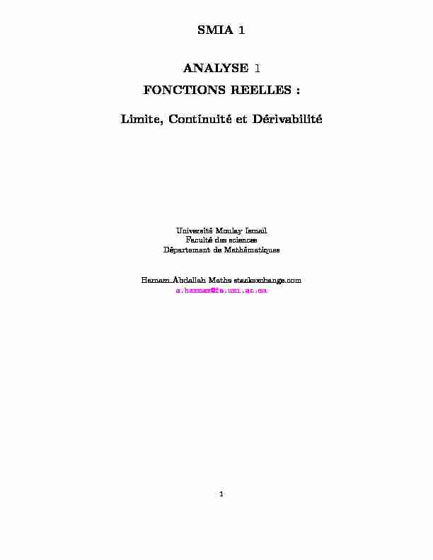 [PDF] SMIA 1 ANALYSE 1 FONCTIONS REELLES : Limite, Continuité et