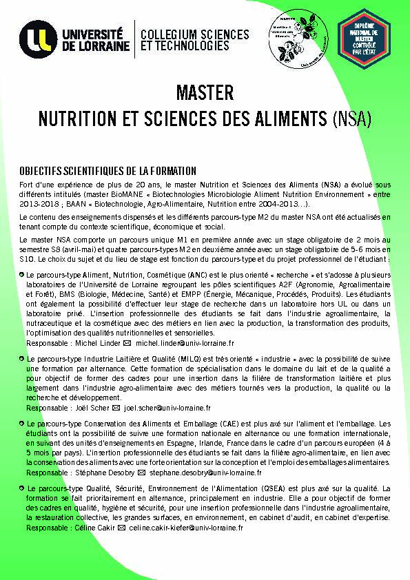 Master Nutrition et Sciences des Aliments (NSA)