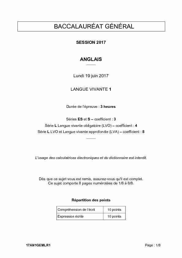 Sujet du bac S-ES-L Anglais LV1 2017 - Métropole