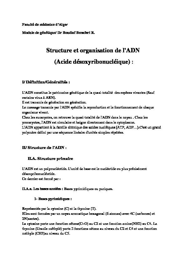 Structure et organisation de lADN (Acide désoxyribonucléique)