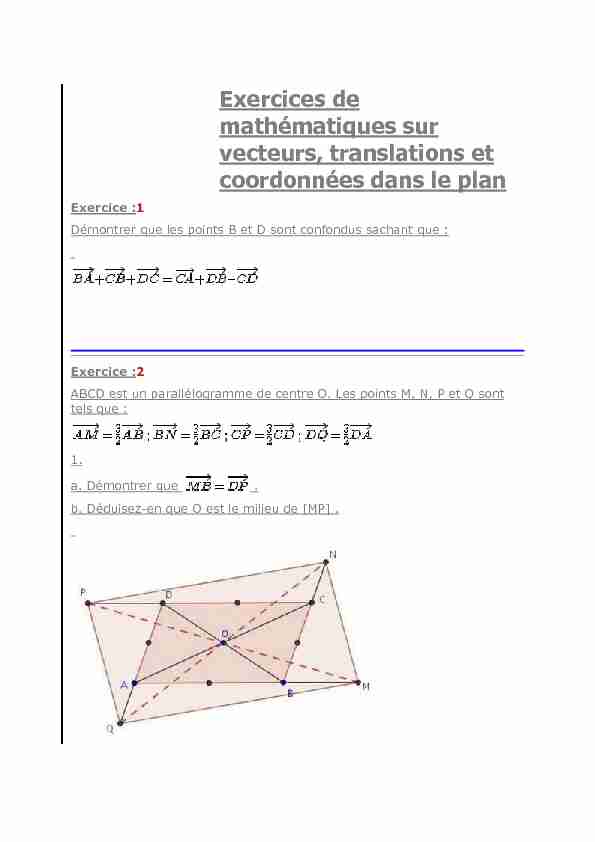Exercices de mathématiques sur vecteurs, translations et