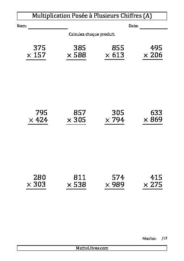 Fiches d'Exercices sur la Multiplication Posée  - Mathslibres