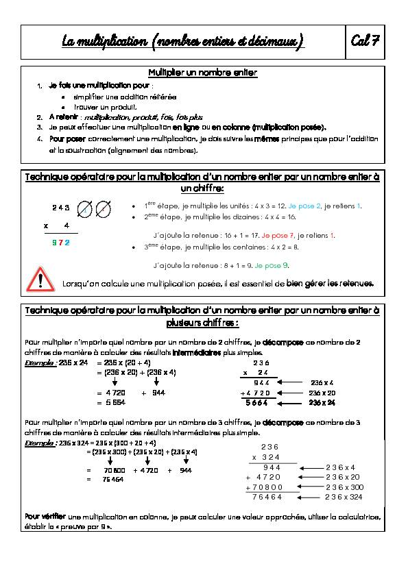 [PDF] La multiplication (nombres entiers et décimaux) Cal 7