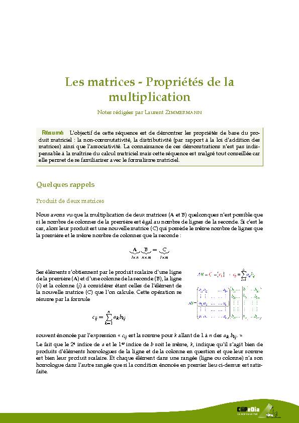 [PDF] Les matrices - Propriétés de la multiplication  Clipedia