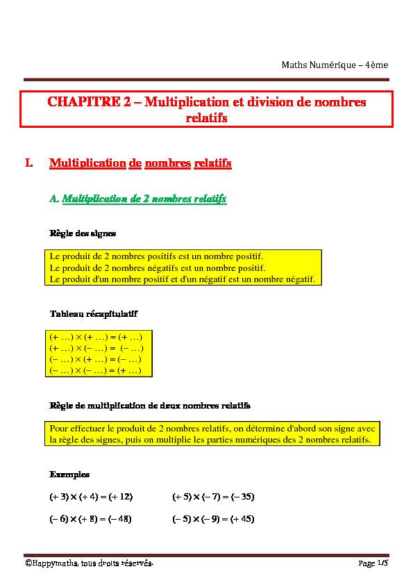 CHAPITRE 2 – Multiplication et division de nombres relatifs