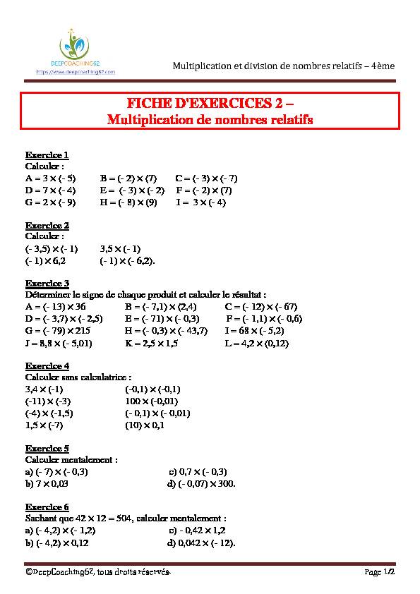 FICHE D'EXERCICES 2 – Multiplication de nombres relatifs