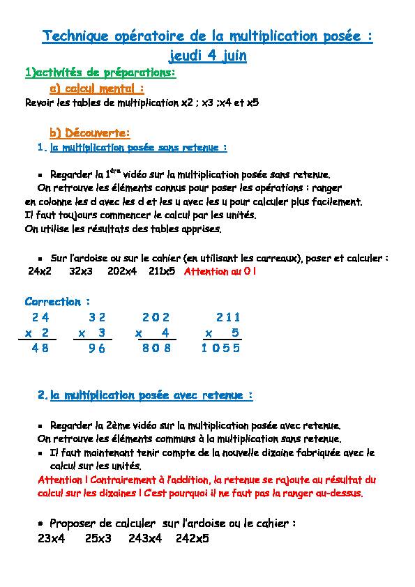 Technique opératoire de la multiplication posée : jeudi 4 juin