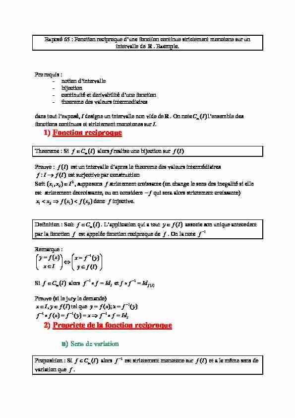 [PDF] 1) Fonction reciproque 2) Propriete de la fonction reciproque