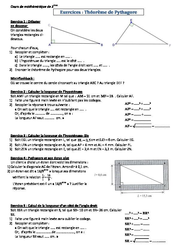 [PDF] Exercices : Théorème de Pythagore - MathsDouville