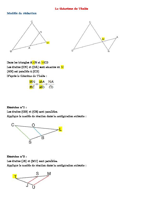 Le théorème de Thalès Modèle de rédaction Dans les triangles