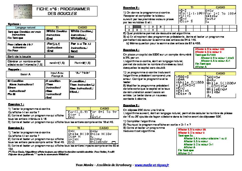 [PDF] FICHE n°6 : PROGRAMMER DES BOUCLES - maths et tiques