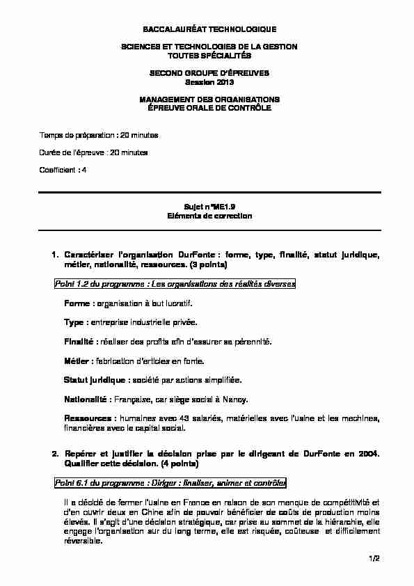 [PDF] 1 Caractériser lorganisation DurFonte : forme type finalité statut