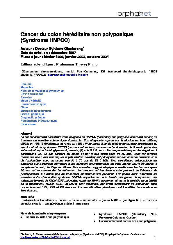 Cancer du colon héréditaire non polyposique (Syndrome HNPCC)