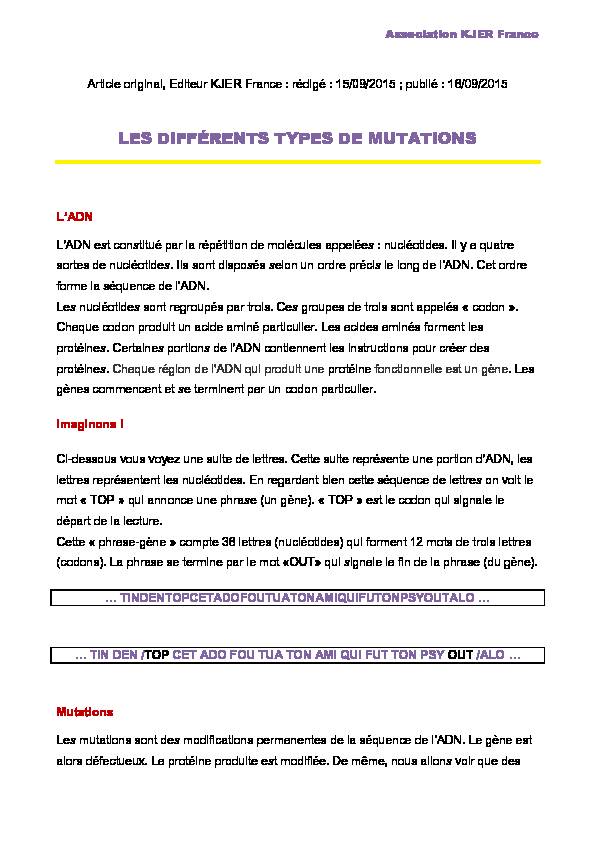 LES DIFFÉRENTS TYPES DE MUTATIONS - Association KJER France