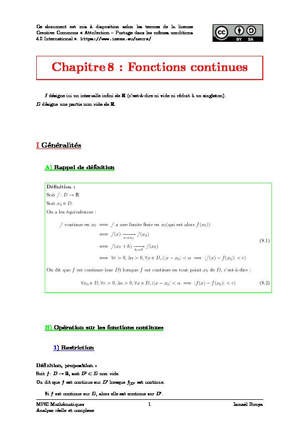 [PDF] Chapitre8 : Fonctions continues - Melusine