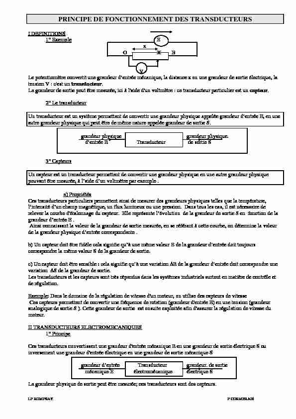 PRINCIPE DE FONCTIONNEMENT DES TRANSDUCTEURS
