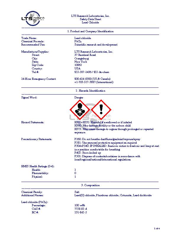 [PDF] PbCl2 - Material Safety Data Sheet - LTS Research Laboratories Inc
