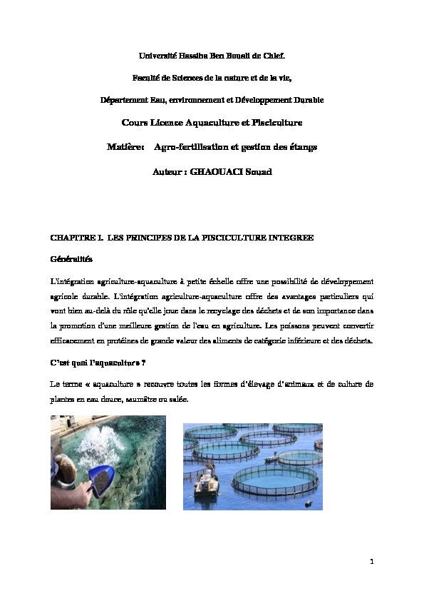 Cours Licence Aquaculture et Pisciculture Matière: Agro-fertilisation