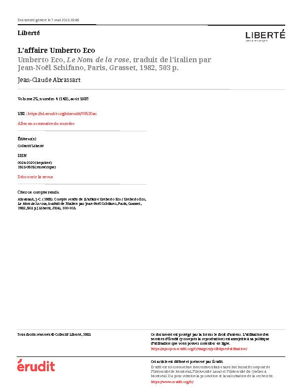 Laffaire Umberto Eco / Umberto Eco Le Nom de la rose  - Érudit