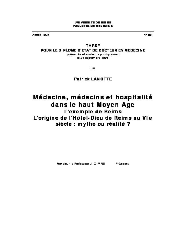 Médecine médecins et hospitalité dans le Haut Moyen Age. L