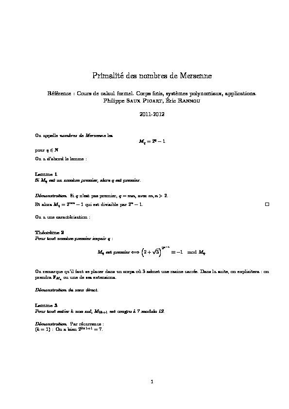 [PDF] Primalité des nombres de Mersenne - Minerve de lENS Rennes