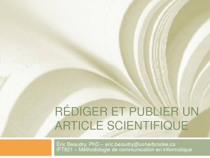 IFT 821 / Rédiger et publier un article scientifique (Été 2011)