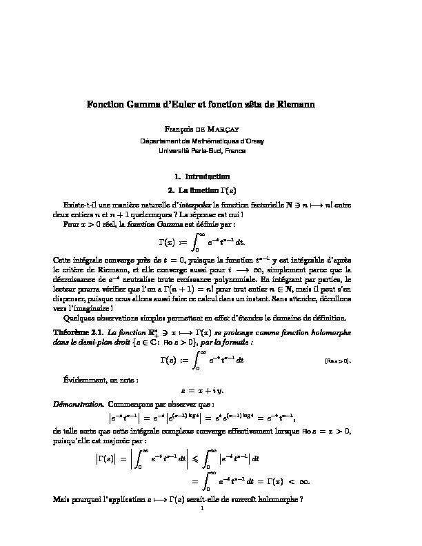 Fonction Gamma dEuler et fonction zêta de Riemann