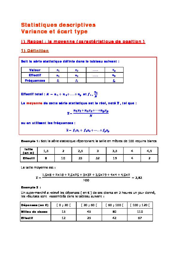 [PDF] Première S - Statistiques descriptives - Variance et écart type