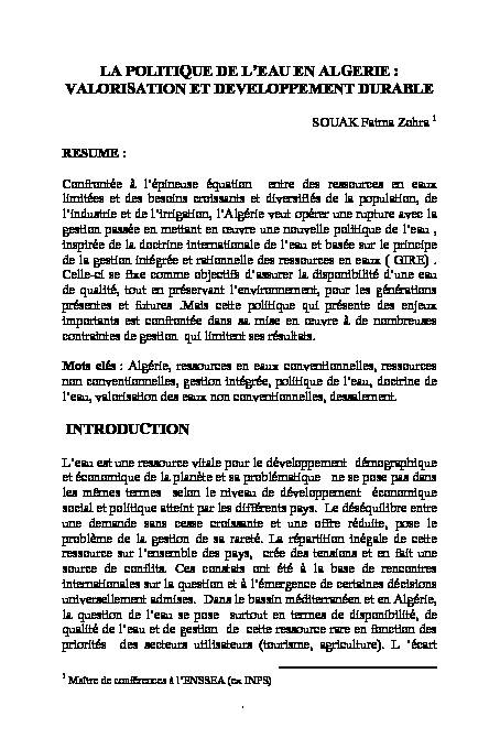 [PDF] LA POLITIQUE DE LEAU EN ALGERIE : VALORISATION  - ENSSEA