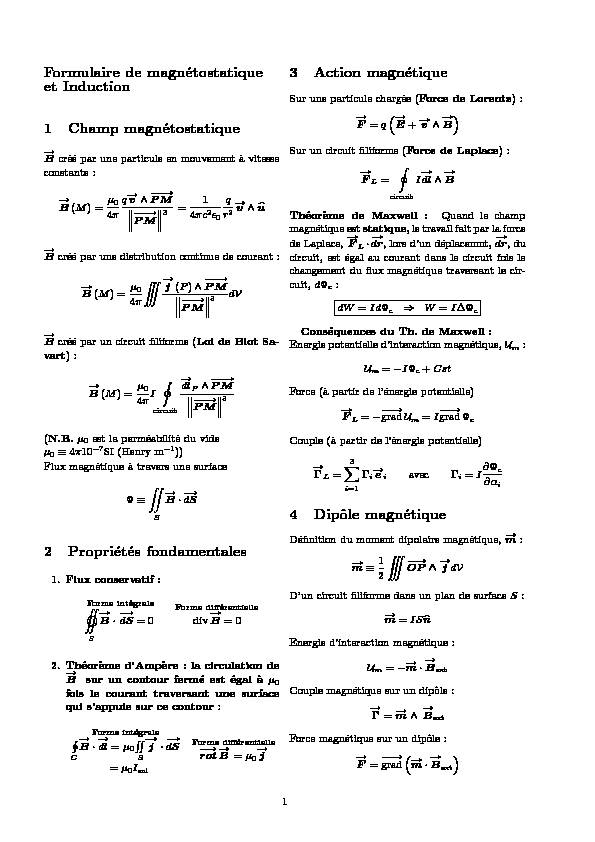 [PDF] Formulaire de magnétostatique et Induction 1 Champ