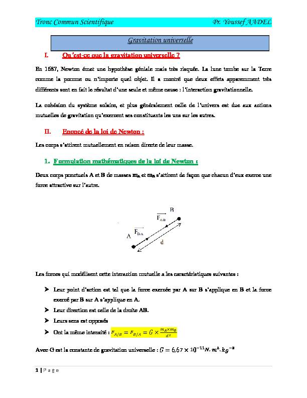 [PDF] Tronc Commun Scientifique Pr Youssef AADEL Gravitation