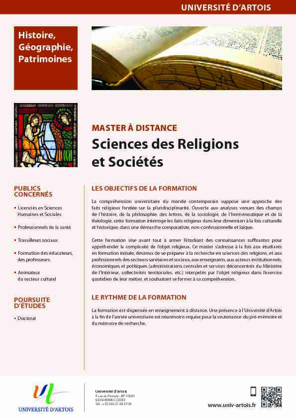 MASTER À DISTANCE Sciences des Religions et Sociétés
