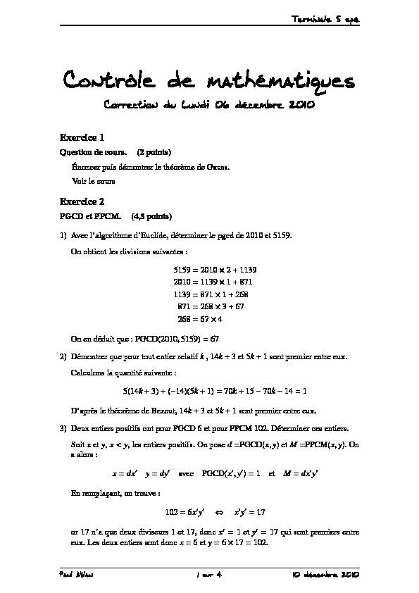 [PDF] Ctrle : PGCD PPCM 06 12 2010 - Contrôle de mathématiques