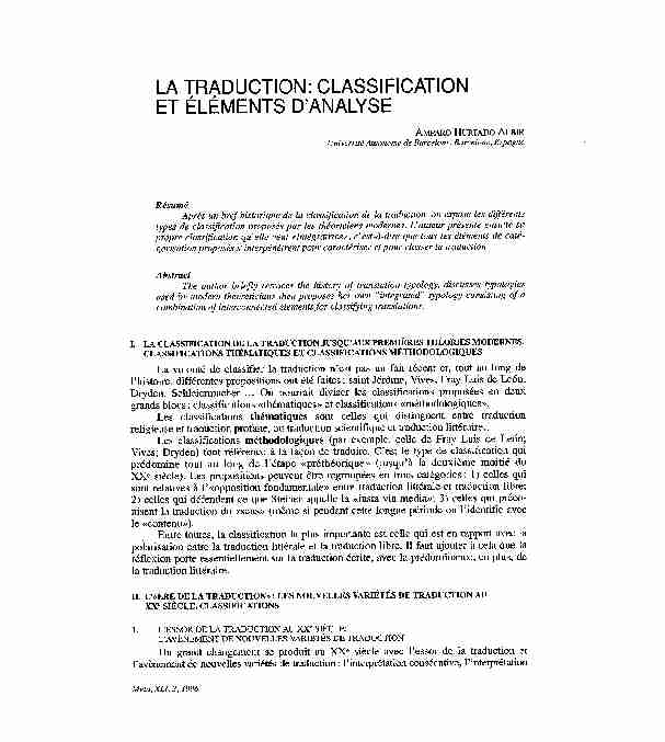 La traduction : classification et éléments danalyse
