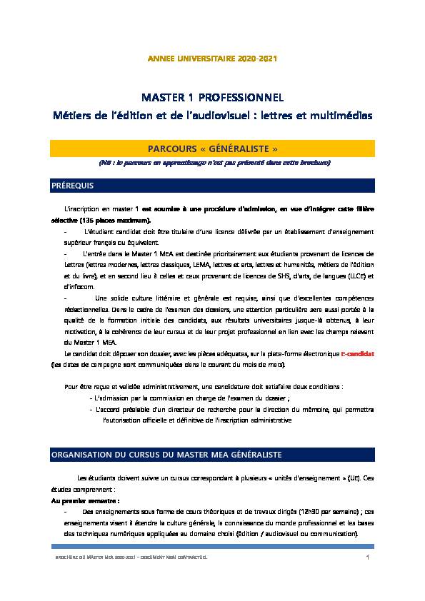 [PDF] MASTER 1 PROFESSIONNEL Métiers de lédition et de laudiovisuel