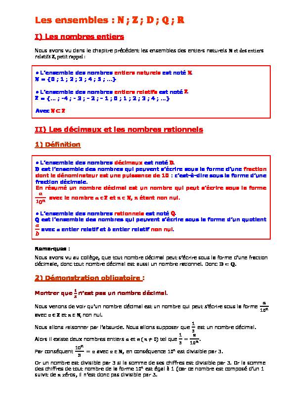 [PDF] Seconde - Les ensembles : N ; Z ; D ; Q ; R - Parfenoff  org