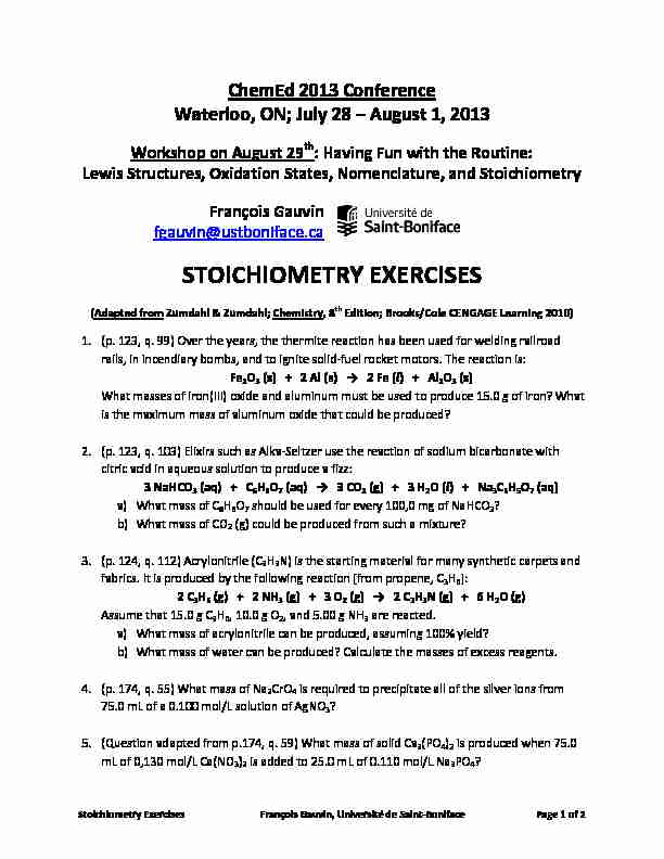 Stoichiometry Exercises - University of Waterloo