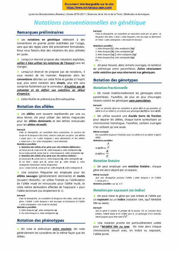 [PDF] Notations conventionnelles en génétique - Tanguy Jean