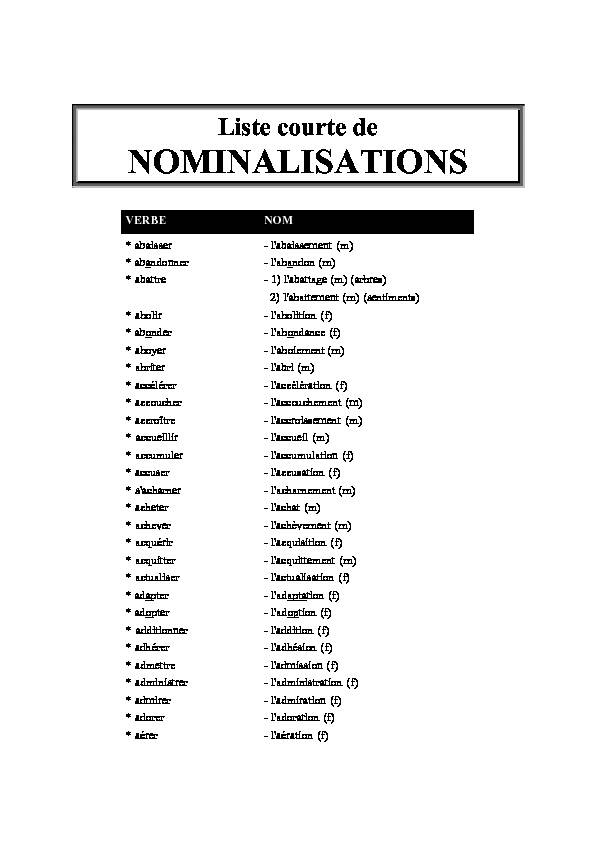liste des nominalisations de verbes liste courte