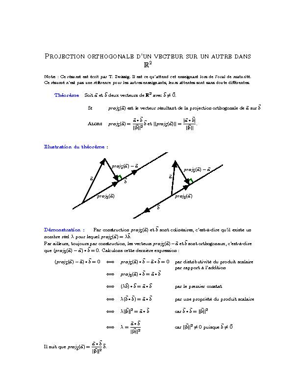 Projection orthogonale dun vecteur sur un autre dans R