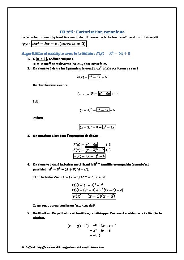 [PDF] TD n°5 : Factorisation canonique - Math93