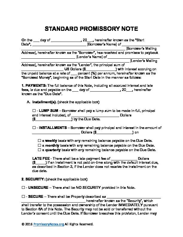 Standard Promissory Note Form