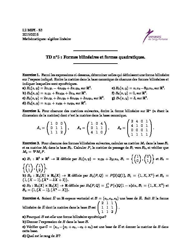 [PDF] TD n 5 : Formes bilinéaires et formes quadratiques