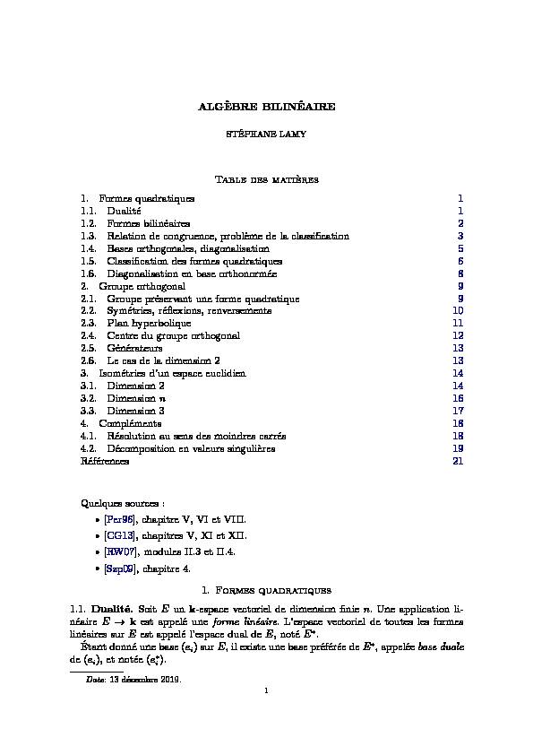 [PDF] ALGÈBRE BILINÉAIRE Table des matières 1 Formes quadratiques