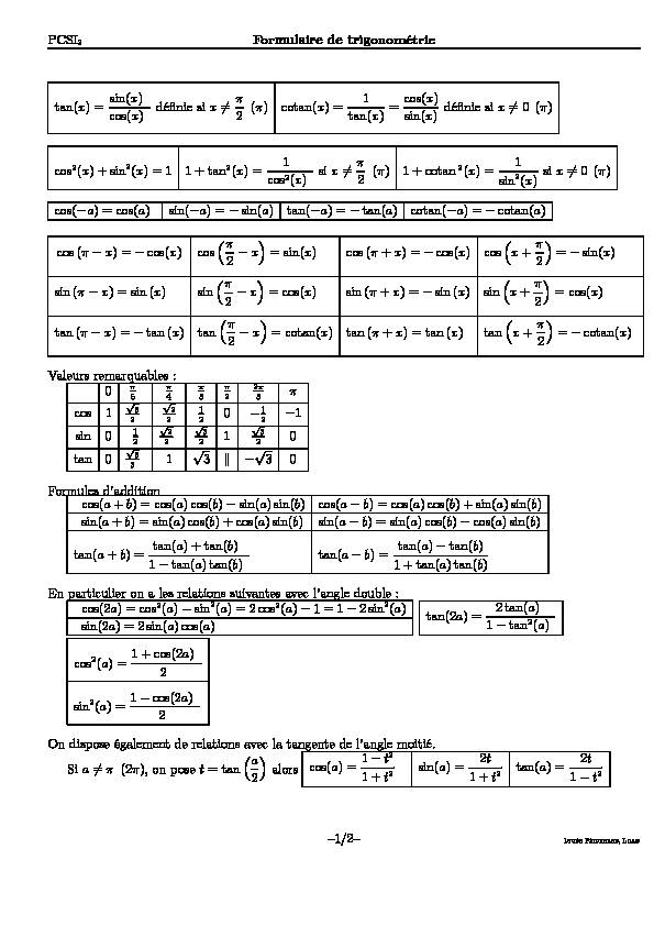 [PDF] PCSI2 Formulaire de trigonométrie tan(x) = sin(x) cos(x) définie si x