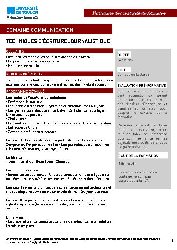 [PDF] techniques décriture journalistique - Université de Toulon