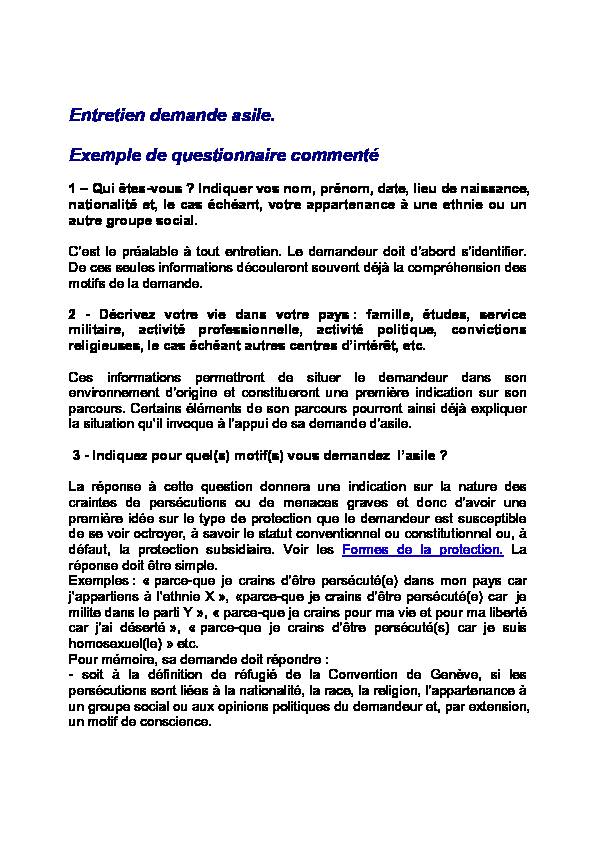 [PDF] Entretien demande asile Exemple de questionnaire commenté