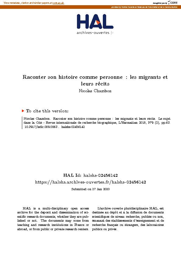 [PDF] Raconter son histoire comme personne : les migrants et leurs récits