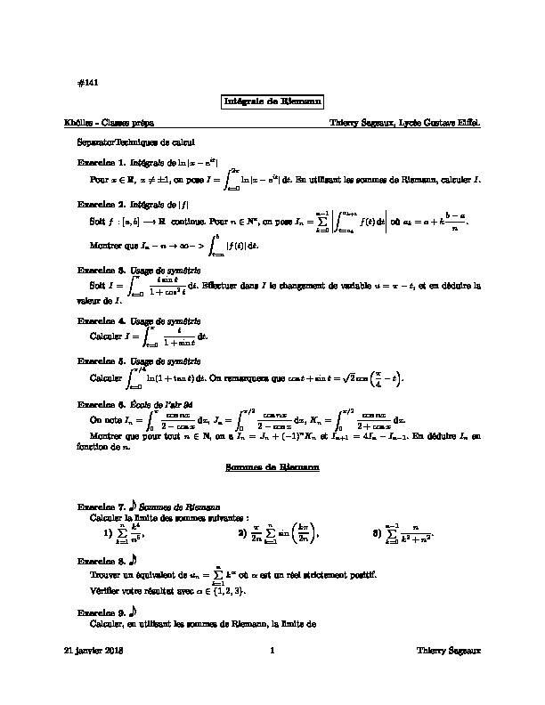 [PDF] Intégrale de Riemann Sommes de Riemann 1) 2) π 3) Exercice 8