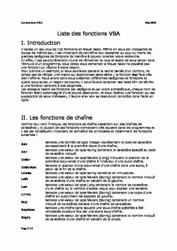 Liste des fonctions VBA I. Introduction II. Les fonctions de chaîne